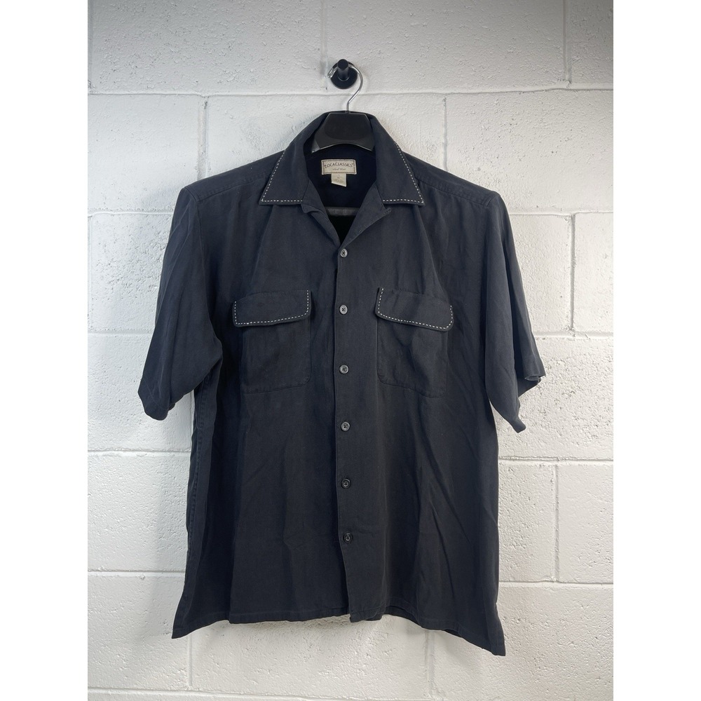 Vintage Boca Classics 100% Silk Short Sleeve Collared Black Size XL